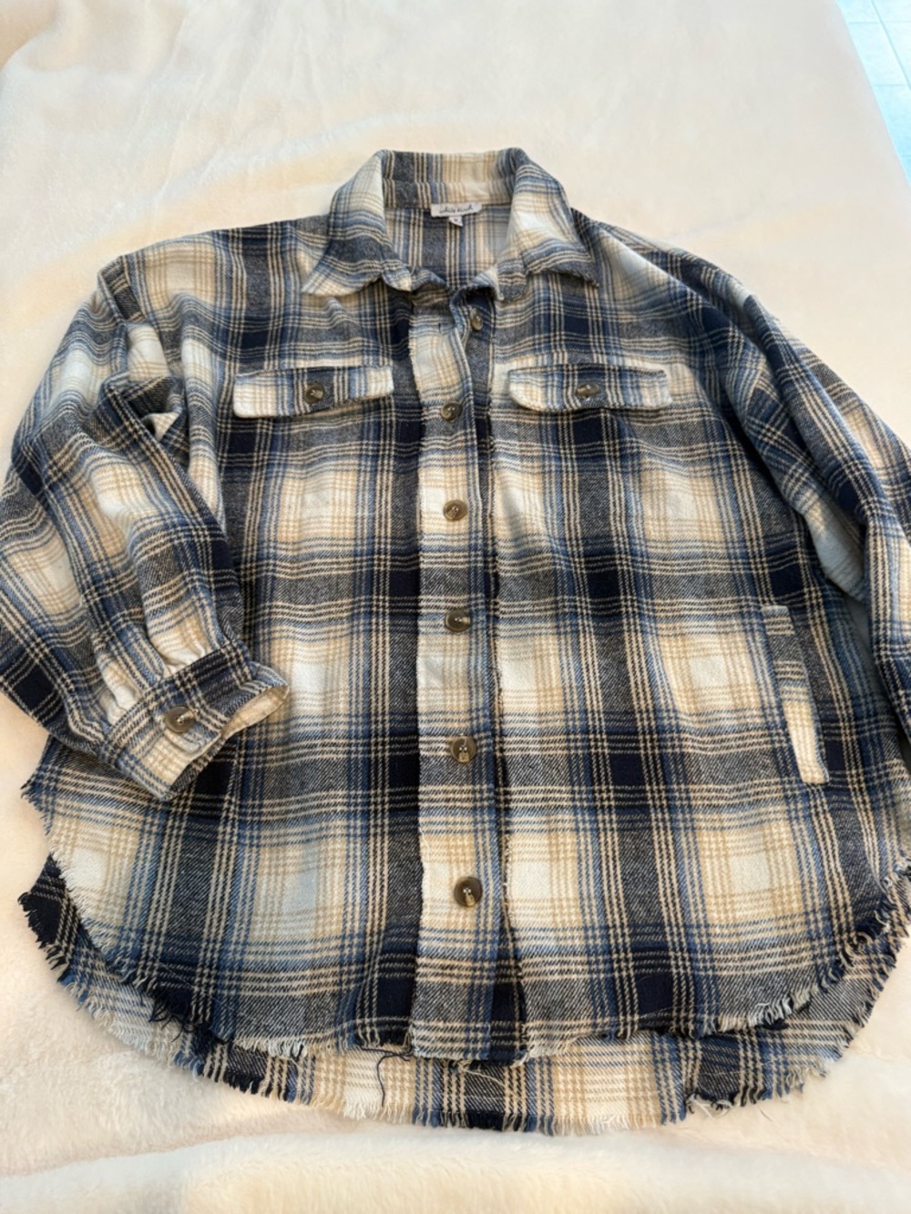 white birch Blue and Cream Plaid Shirt Jacket